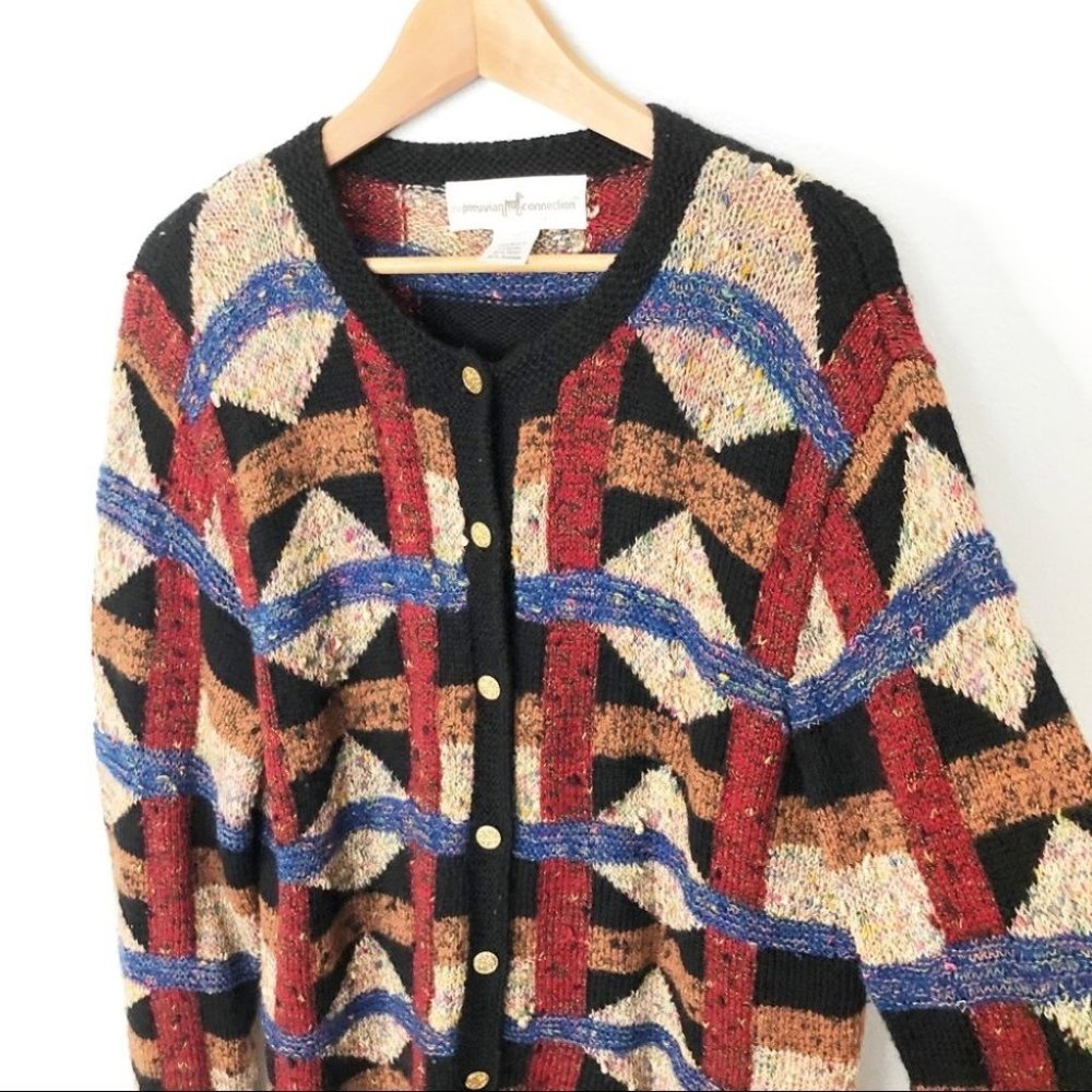 Peruvian Connection Geometric Button Up Cardigan … - image 2